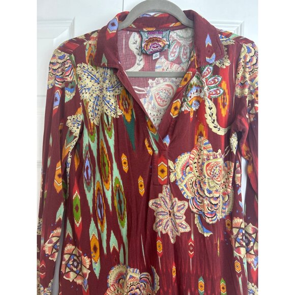 Johnny Was Feather Swing Polo Top Boho V-Neck XS Long Sleeve Fall Lightweight - Picture 6 of 14